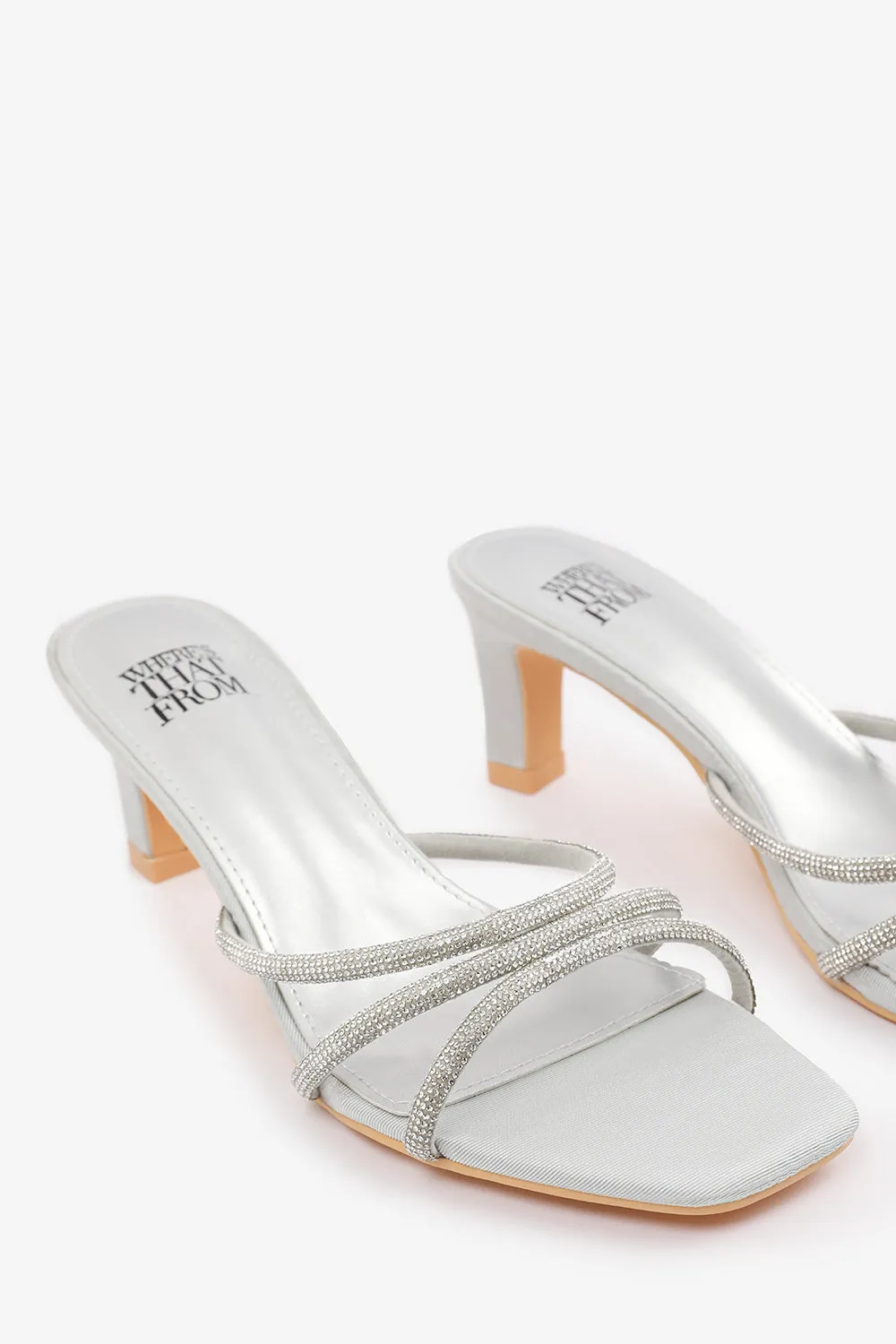 ABIA SQUARE TOE LOW BLOCK HEEL WITH DIAMANTE STRAP DETAIL IN SILVER SATIN