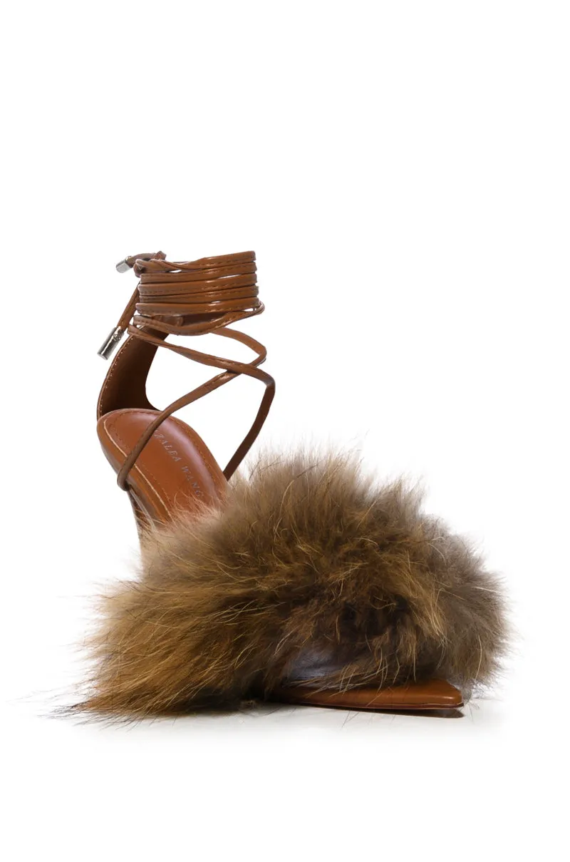 AZALEA WANG BUNNY FUR STILETTO SANDAL IN BROWN