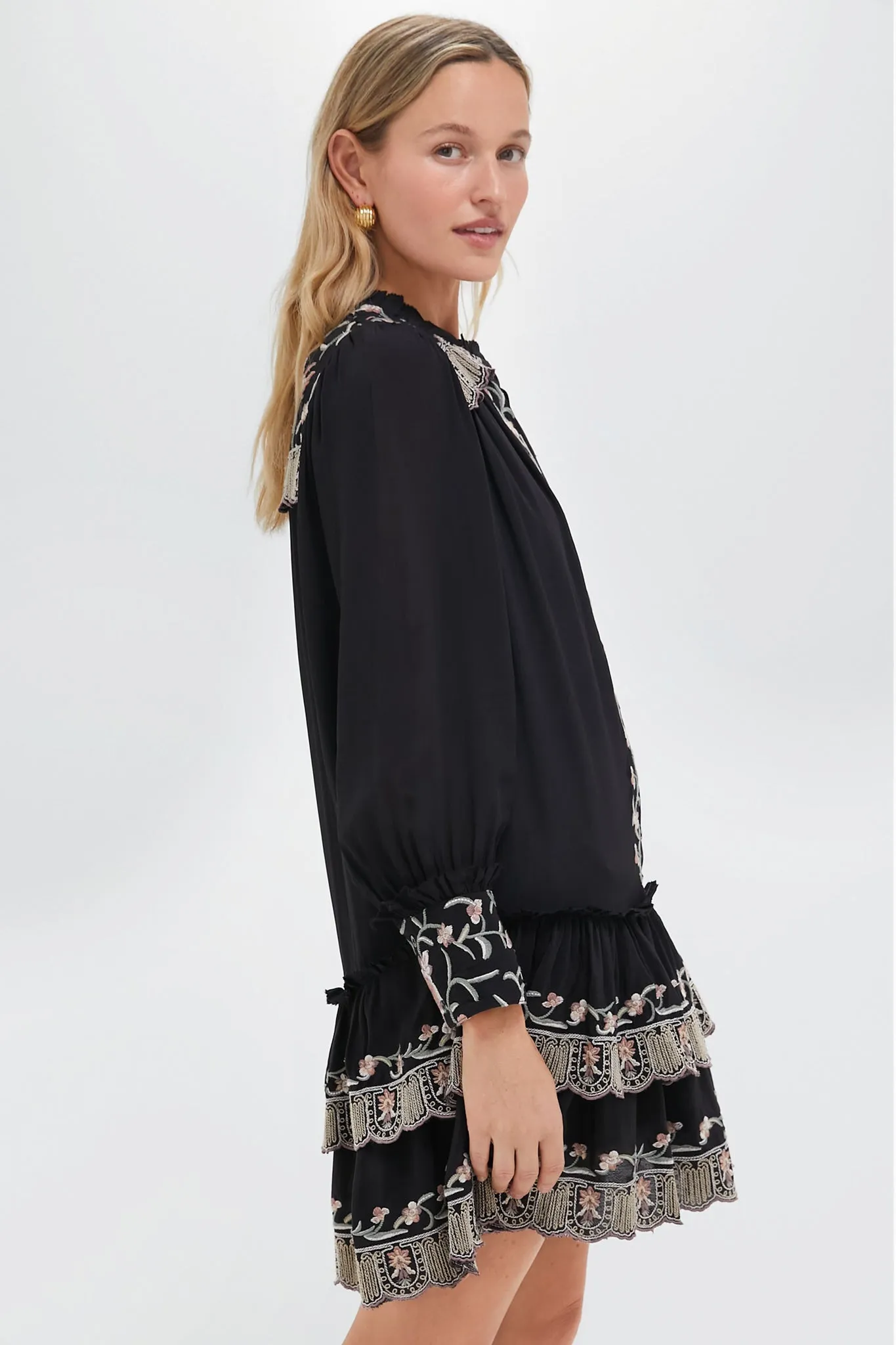 Black Lacey Embroidery Long Sleeve Tunic Dress