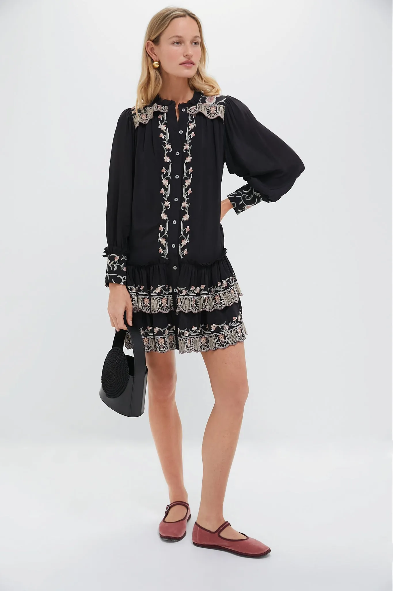 Black Lacey Embroidery Long Sleeve Tunic Dress