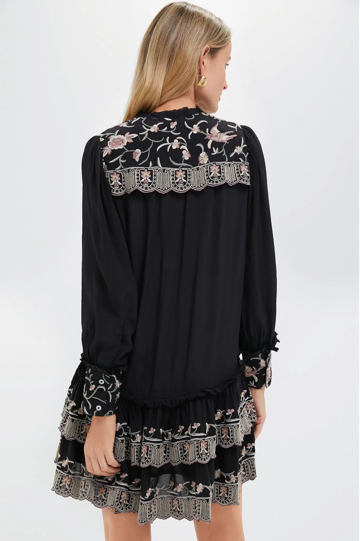 Black Lacey Embroidery Long Sleeve Tunic Dress