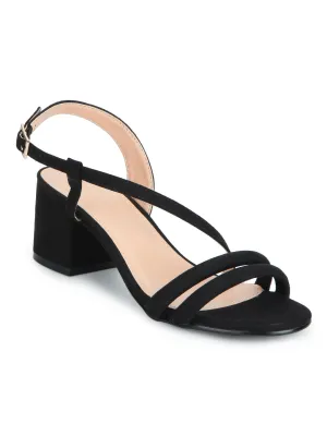 Black Micro Double Strap Low Block Heels