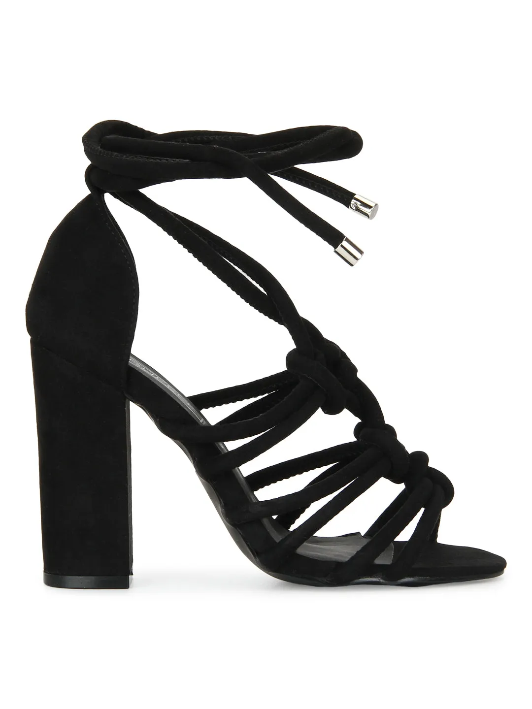 Black Microfibre Knot Strapped Lace-Up Block Heels