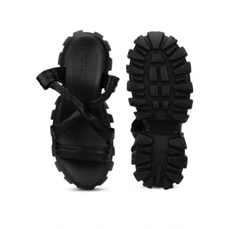 Black PU Cleated Bottom Gladiator Chunky Sandals