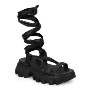 Black PU Cleated Bottom Gladiator Chunky Sandals