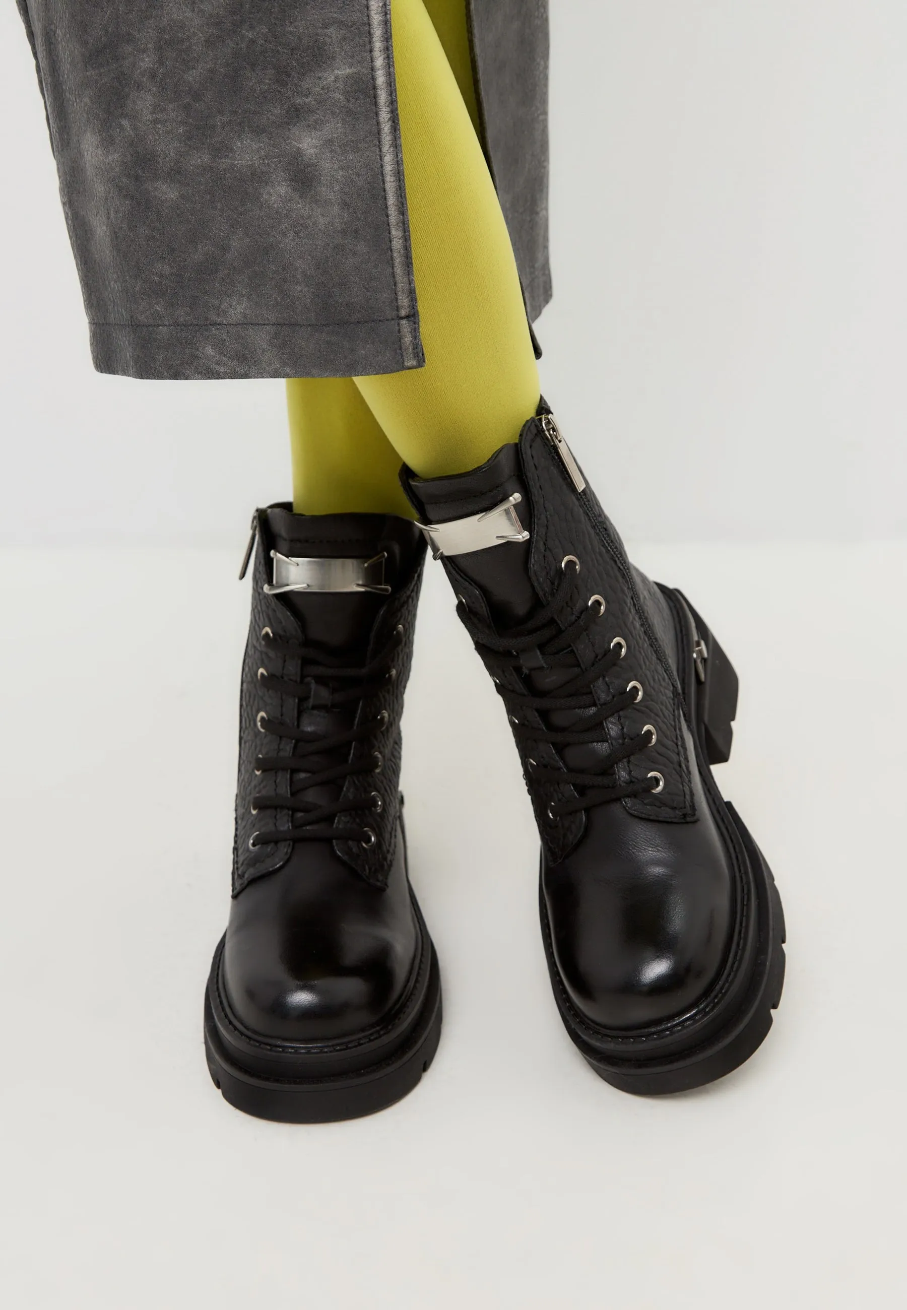 Black Textured Leather Combat Boots with Metal Accents