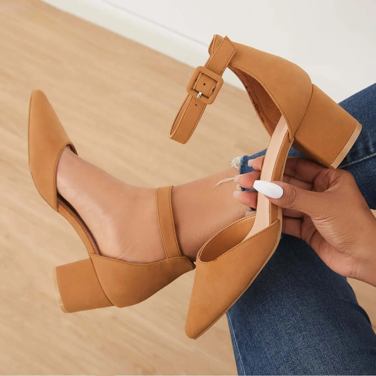 Block Low Heel Pumps Pointed Toe Ankle Buckle Strap Heels