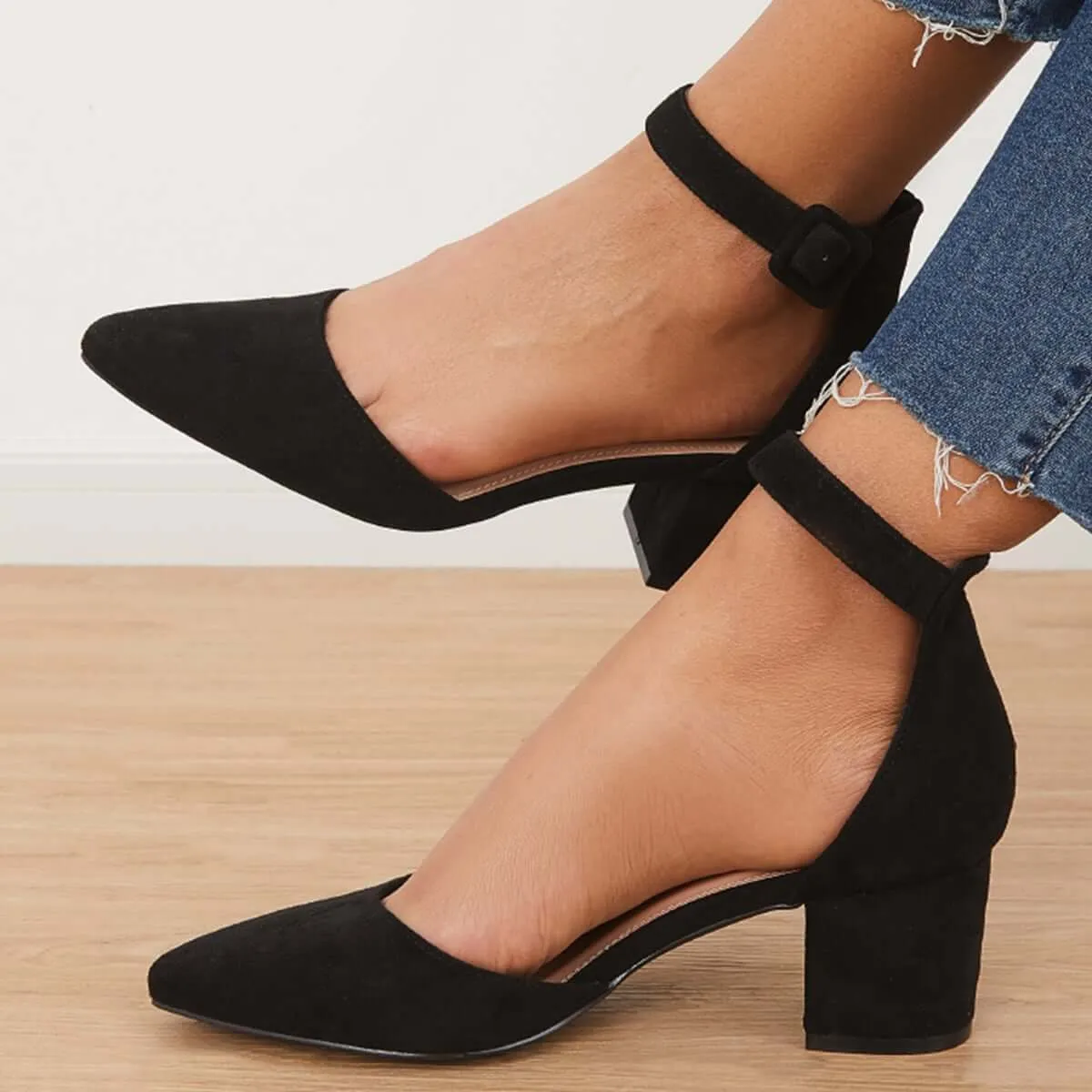 Block Low Heel Pumps Pointed Toe Ankle Buckle Strap Heels