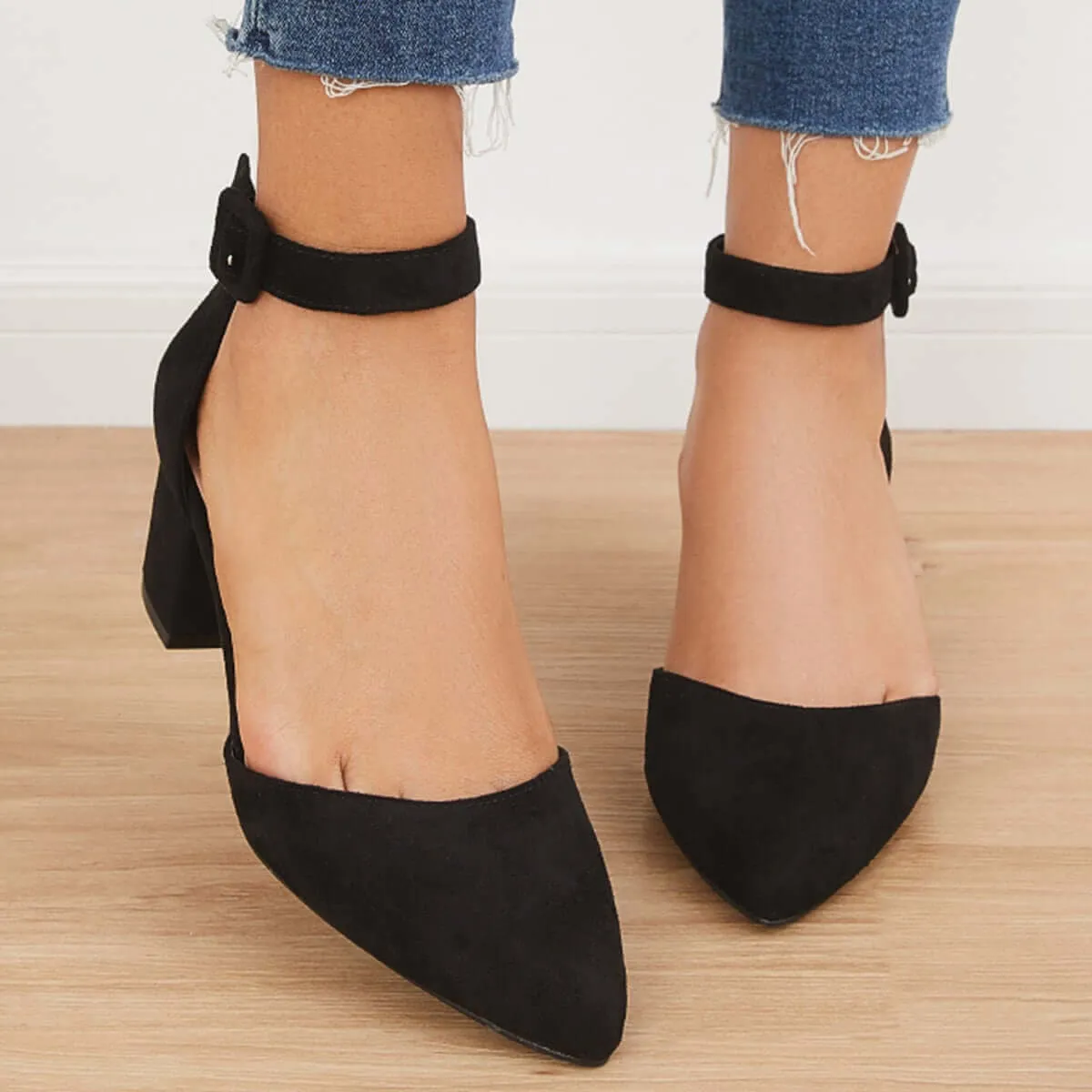 Block Low Heel Pumps Pointed Toe Ankle Buckle Strap Heels