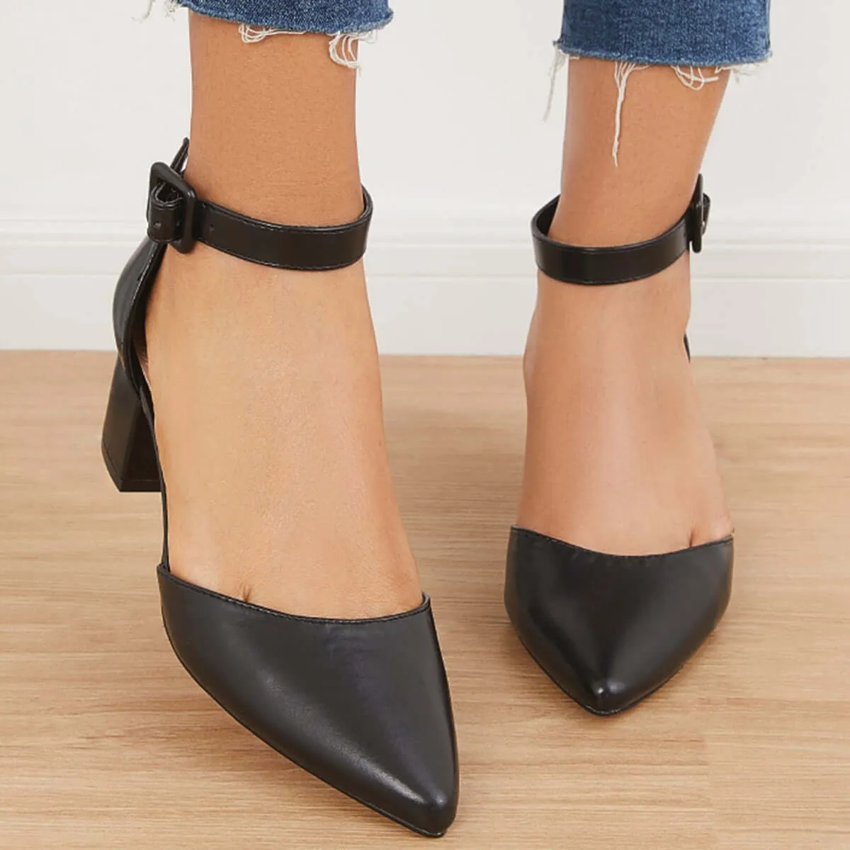 Block Low Heel Pumps Pointed Toe Ankle Buckle Strap Heels