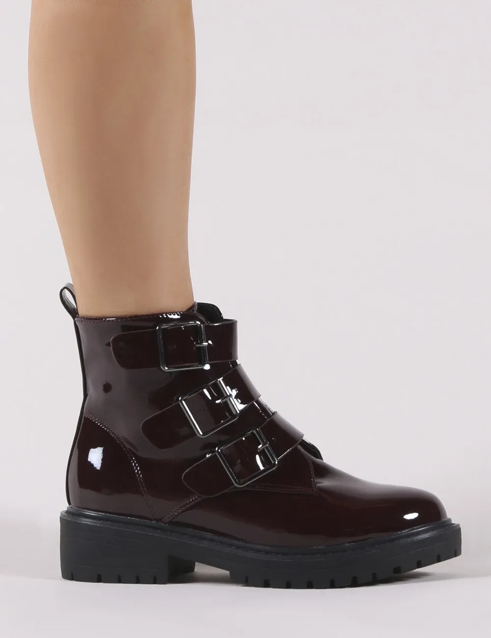 Brag Chunky Ankle Boots in Burgundy Patent