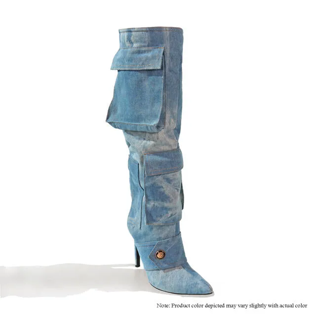 CHIARRA-1 POINED TOE KNEE HIGH POCKET DETAIL BOOTS - DENIM