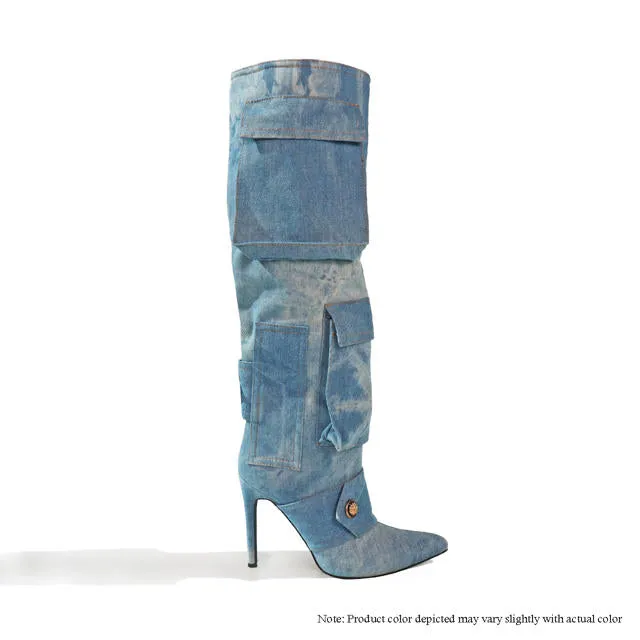 CHIARRA-1 POINED TOE KNEE HIGH POCKET DETAIL BOOTS - DENIM