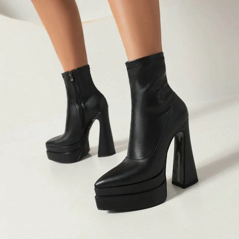 Chunky Black Platform Ankle Boots with Pointed Toe for Women