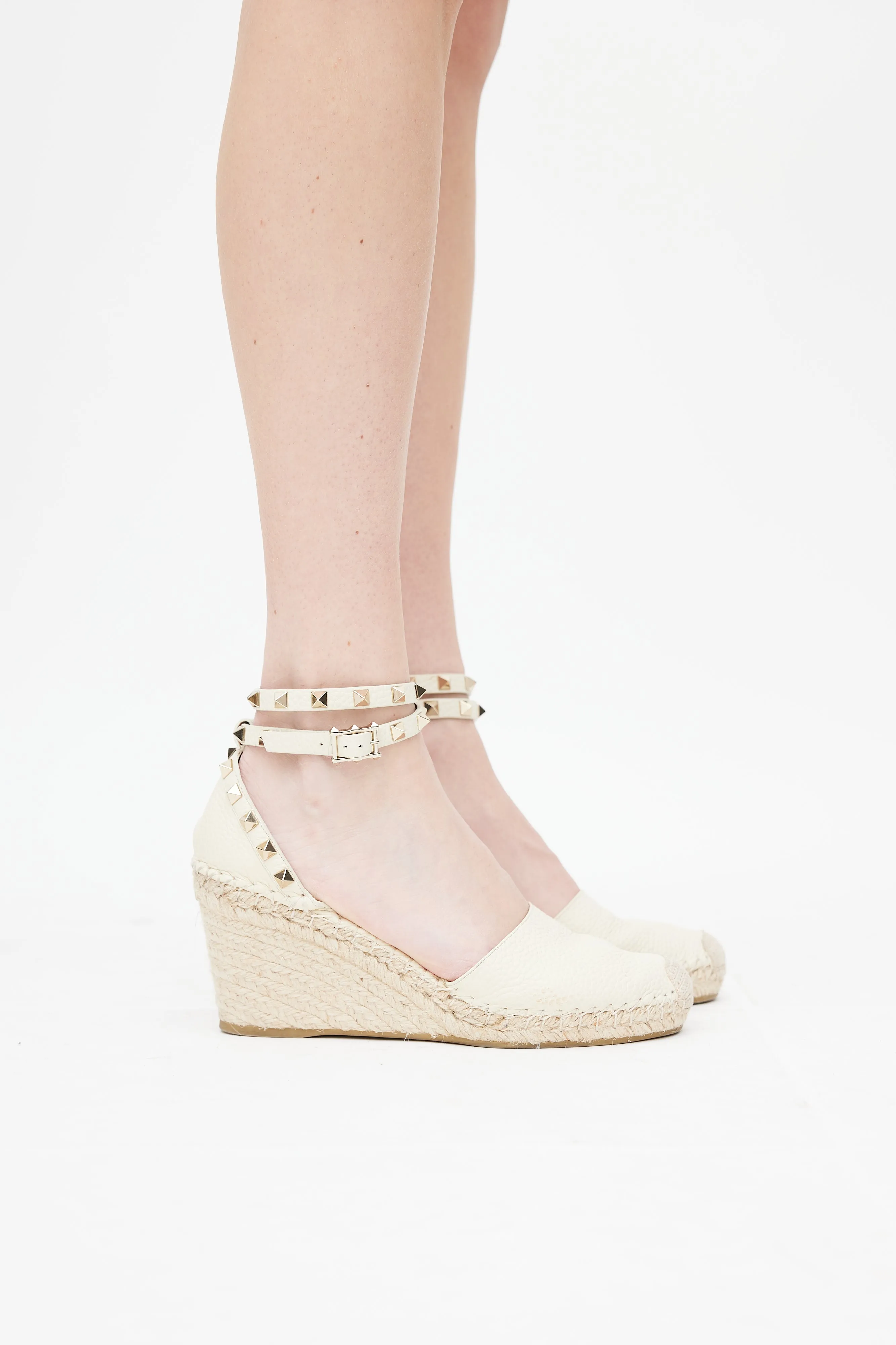 Cream Leather Rockstud Espadrille Wedge