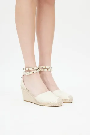 Cream Leather Rockstud Espadrille Wedge