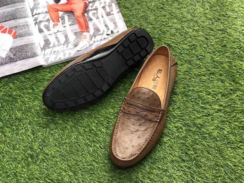 Crocodile Shoes Ostrich Leather Shoes Mens Slip-On Driving Loafer Shoes