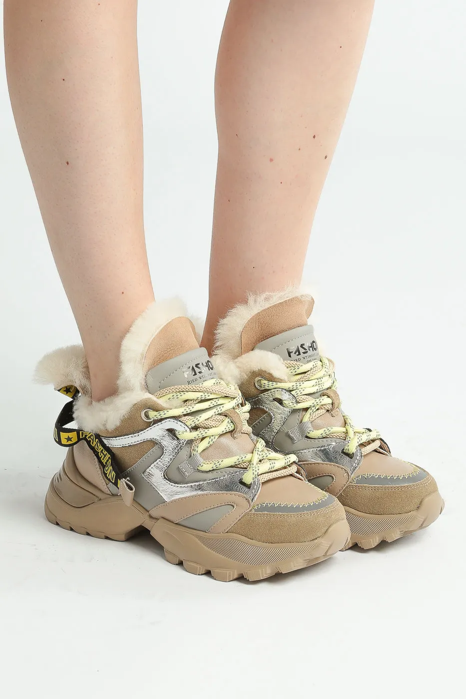 Faux Fur Lined Chunky Sneakers - Beige