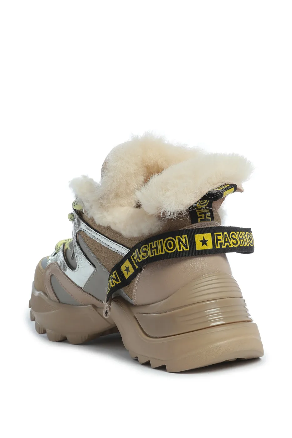 Faux Fur Lined Chunky Sneakers - Beige