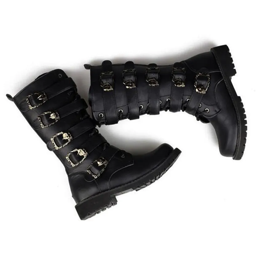 Funki Buys | Boots | Men's Buckle Strap Mid-Calf Gothic Boots