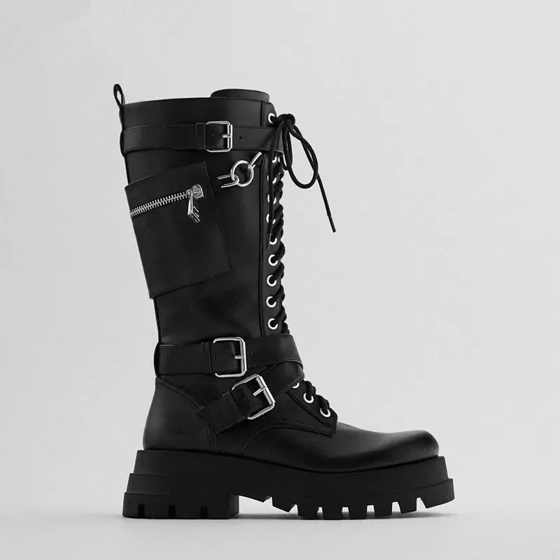 Funki Buys | Boots | Women's Knee High Silver Chain Biker Boot