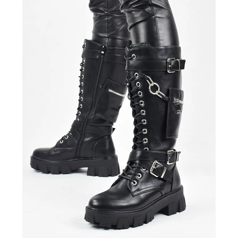 Funki Buys | Boots | Women's Knee High Silver Chain Biker Boot