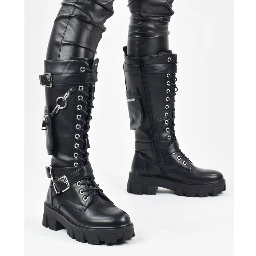 Funki Buys | Boots | Women's Knee High Silver Chain Biker Boot