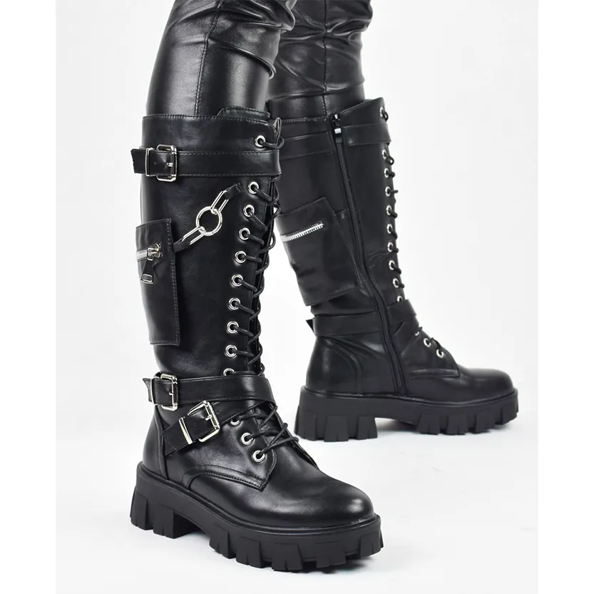 Funki Buys | Boots | Women's Knee High Silver Chain Biker Boot