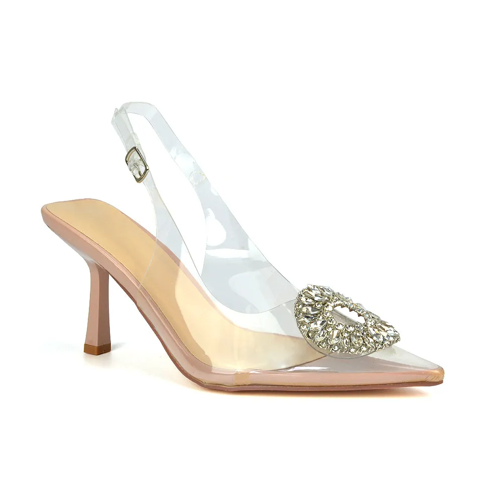 Gabbi Perspex Stiletto High Heels Pointed Toe Slingback Court Shoes in Nude