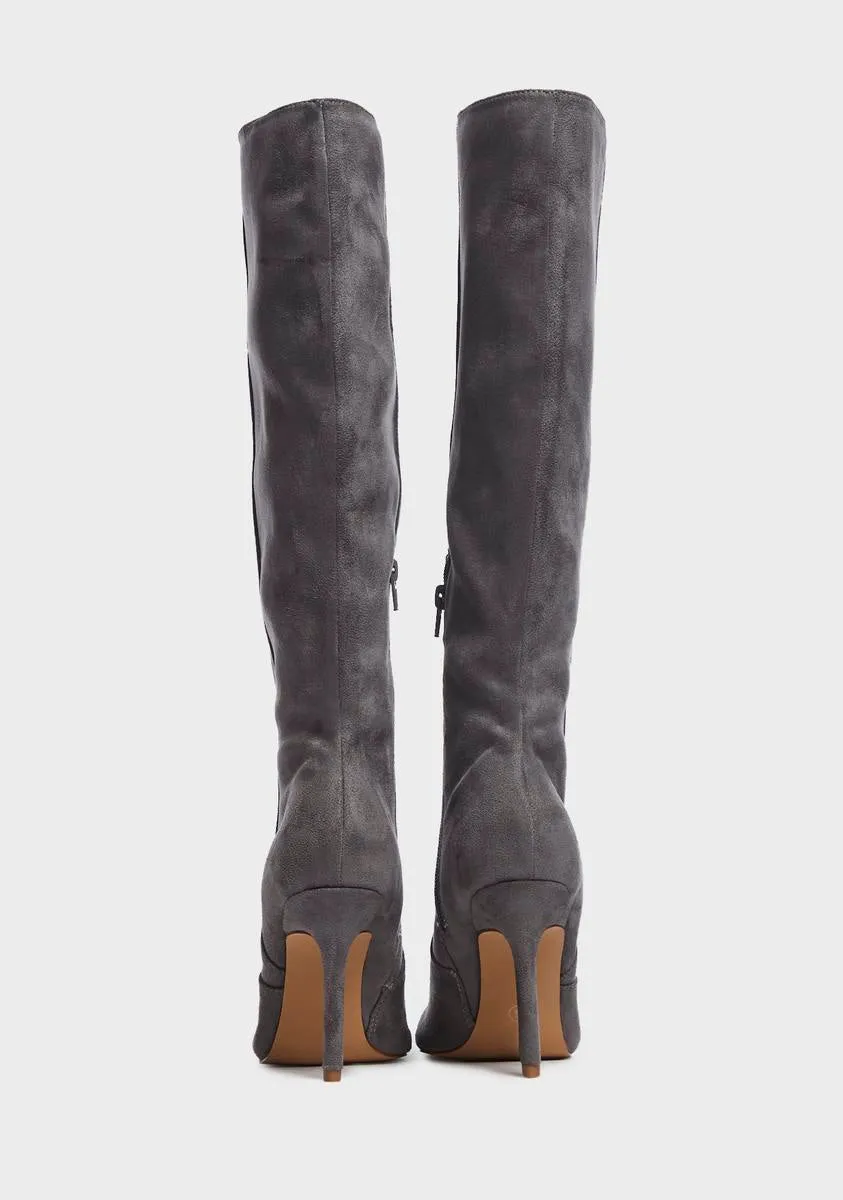 Grey Best Believe Suede Stiletto Knee High Boots