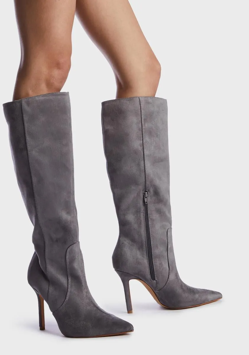 Grey Best Believe Suede Stiletto Knee High Boots