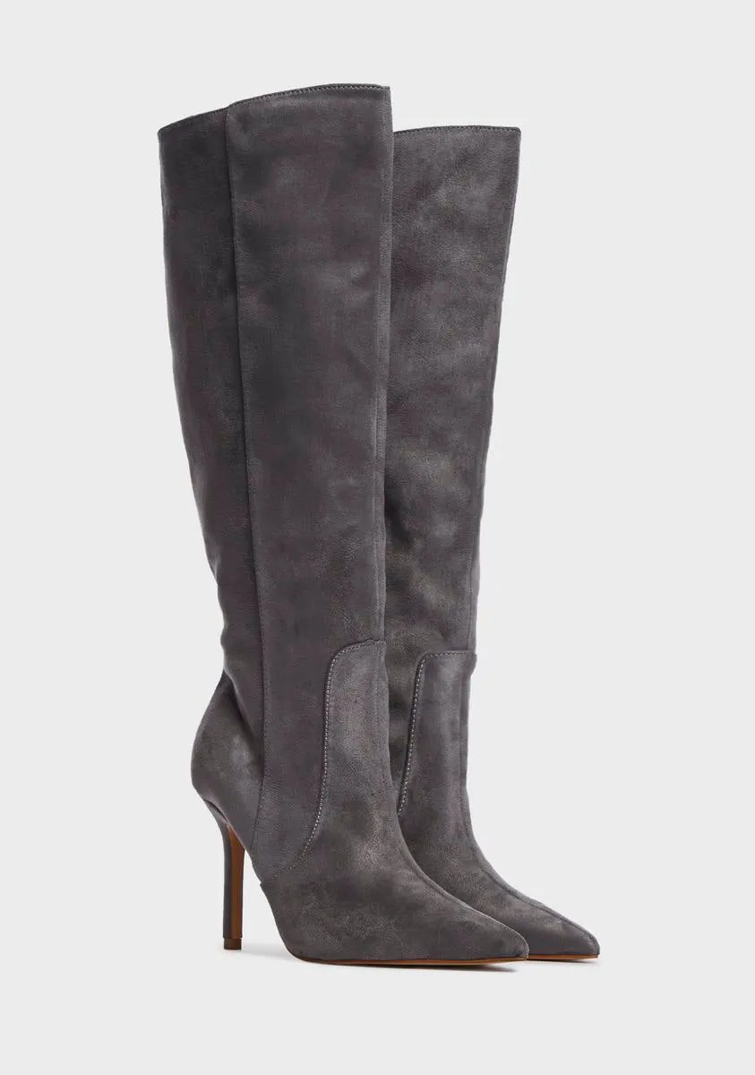 Grey Best Believe Suede Stiletto Knee High Boots