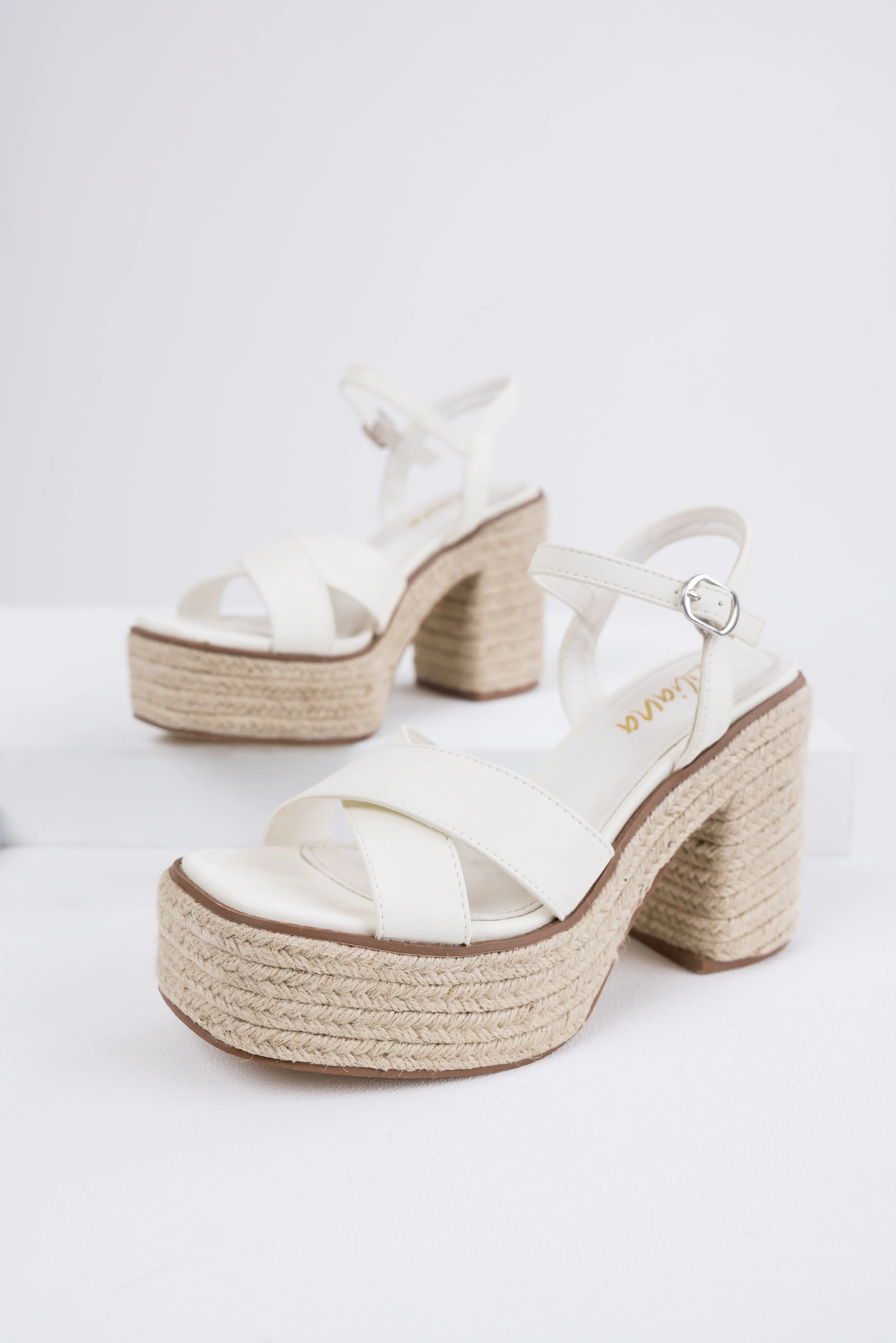 Ivory Cross Strap Espadrille Platform Block Heels