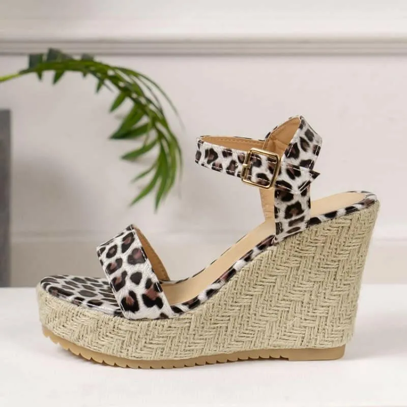 Ladies Leopard Print Ankle Buckle Wedge Sandals