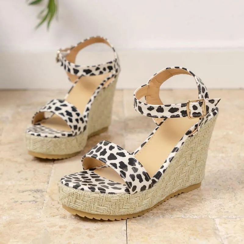 Ladies Leopard Print Ankle Buckle Wedge Sandals