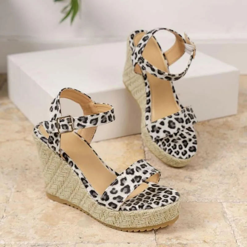 Ladies Leopard Print Ankle Buckle Wedge Sandals