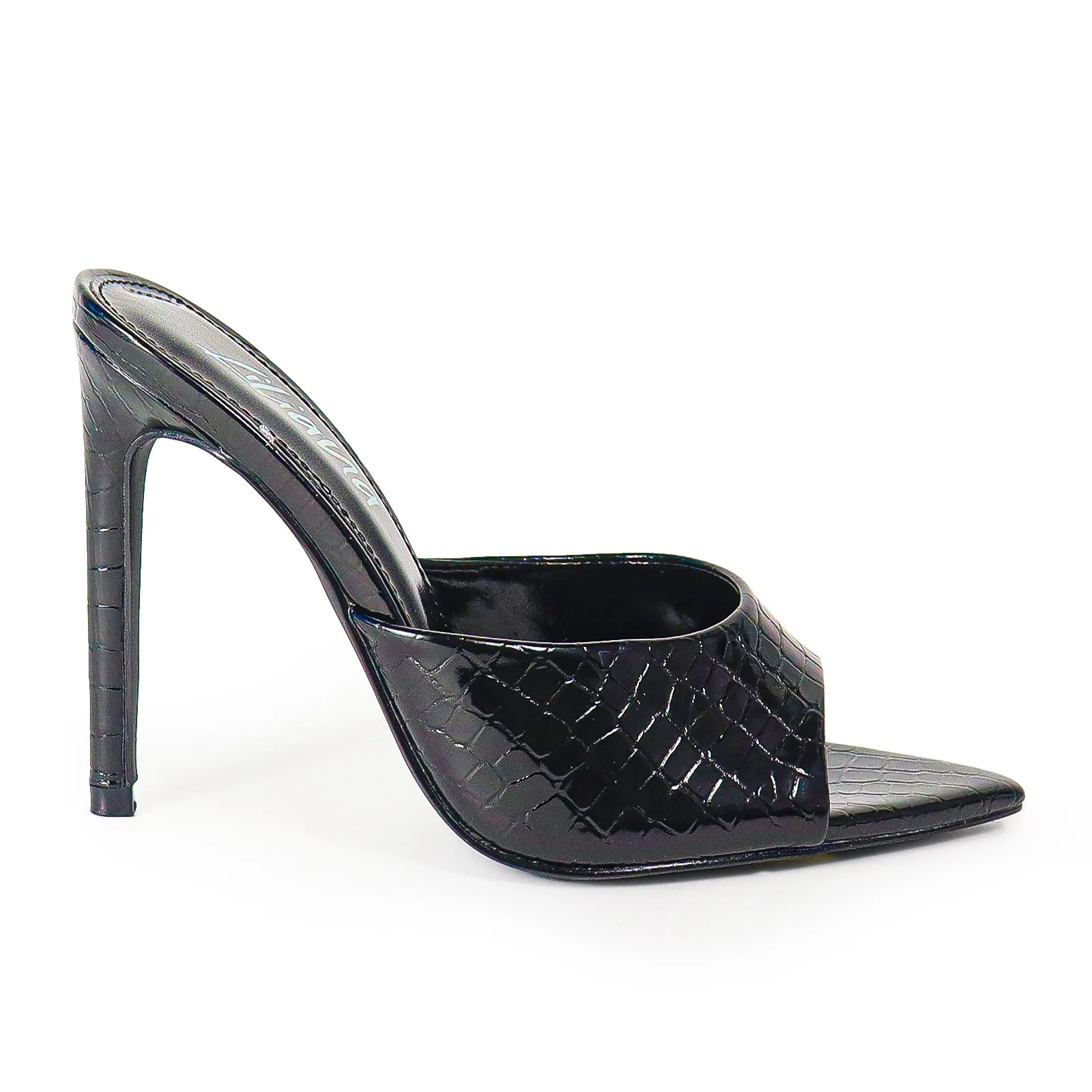 LAURENT-43 POINTED MULE PATENT STILETTO HIGH HEEL - BLACK