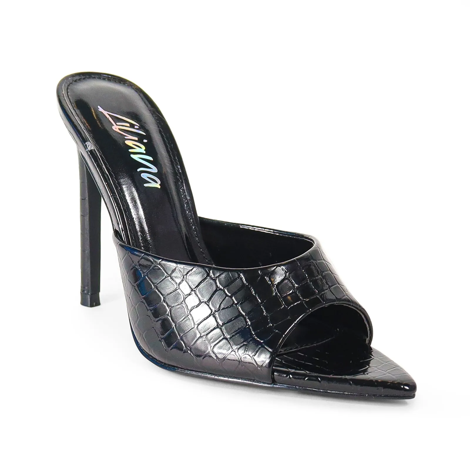 LAURENT-43 POINTED MULE PATENT STILETTO HIGH HEEL - BLACK