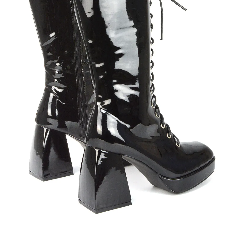 Love Square Toe Chunky Platform Sole Block Heel Knee High Long Lace up Boots in Black Patent