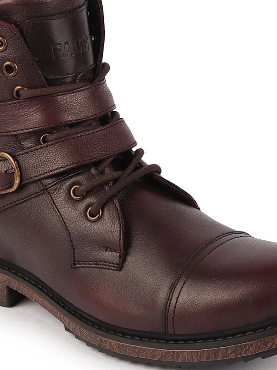 Men Brown High Ankle Genuine Leather 8-Eye Lace Up Buckle Closure Side Zipper Combat Boots