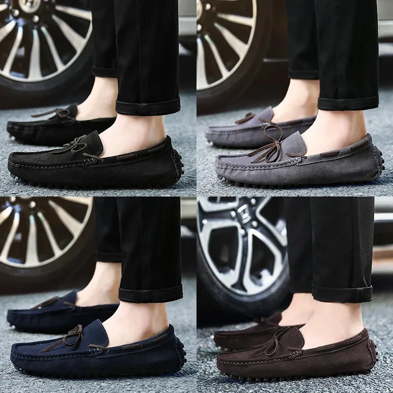 Men's Casual Flat-Soled Leather Loafer Moccasins Comfortable and Light Square-Toe Beanie Shoes with Bow for Driving