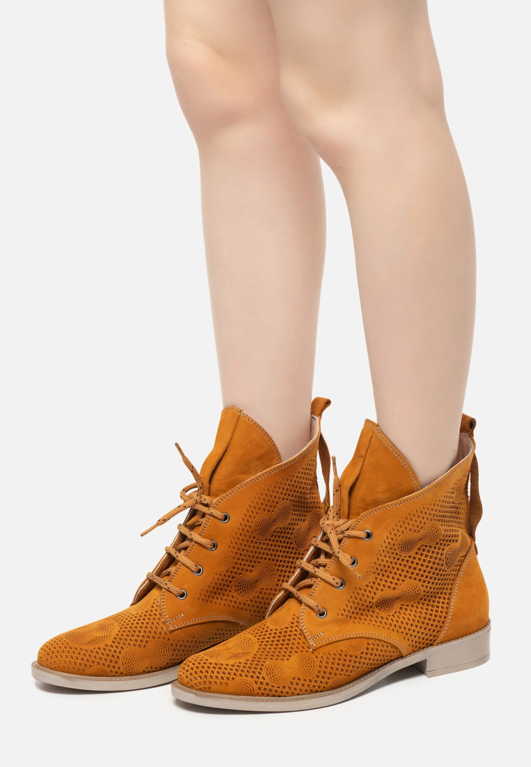 Perforated Leather Ankle Boots - Orange