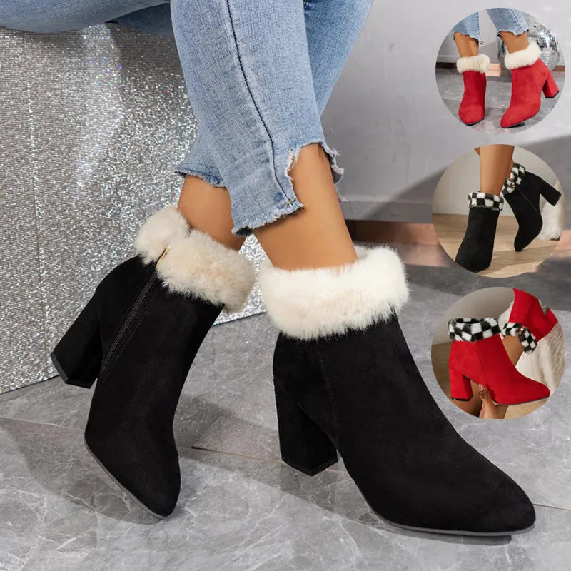 Plaid Print Plush Ankle Warm Snow Boots