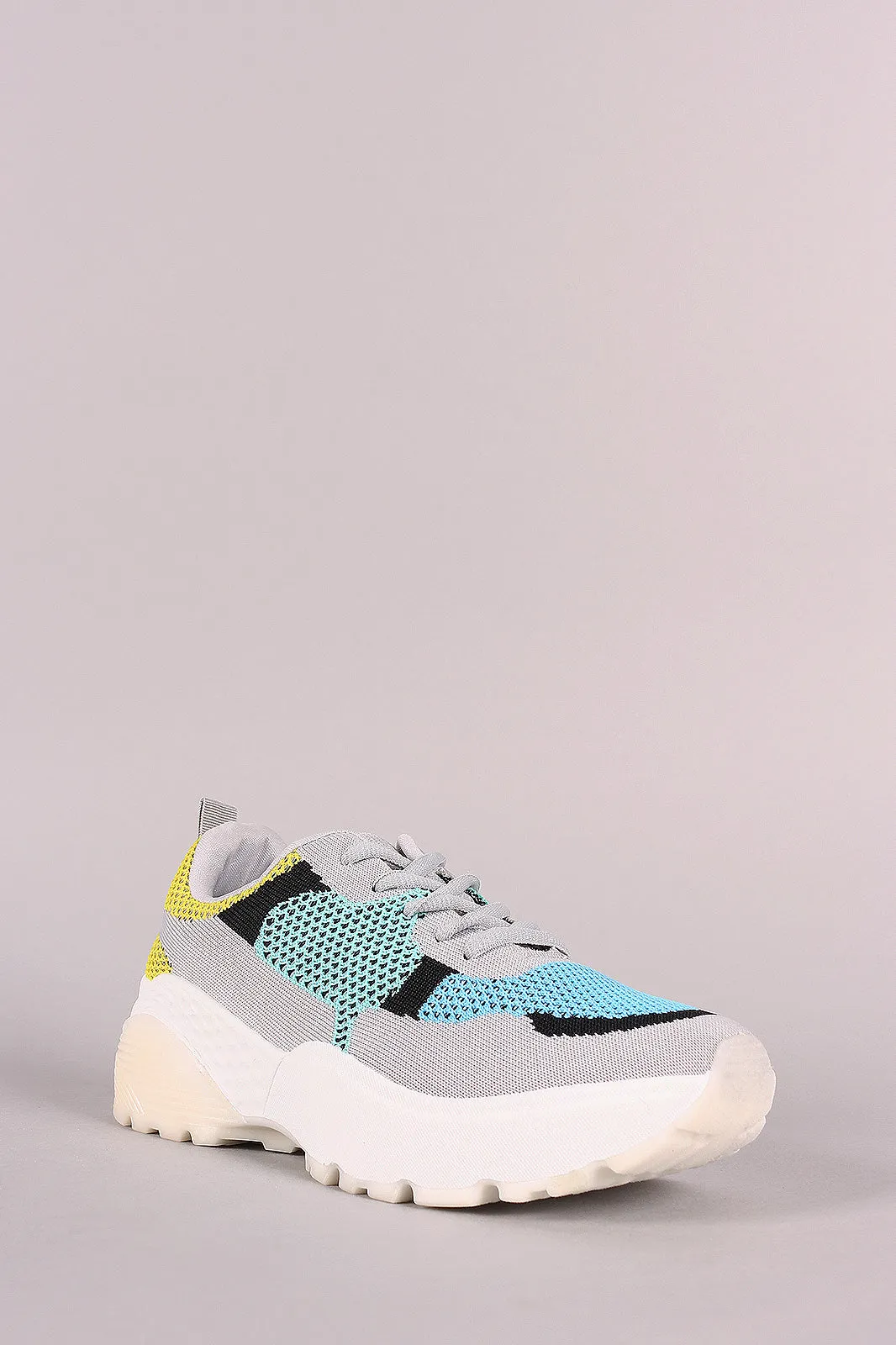 Qupid Colorblock Knit Lace-Up Lug Sole Platform Sneaker