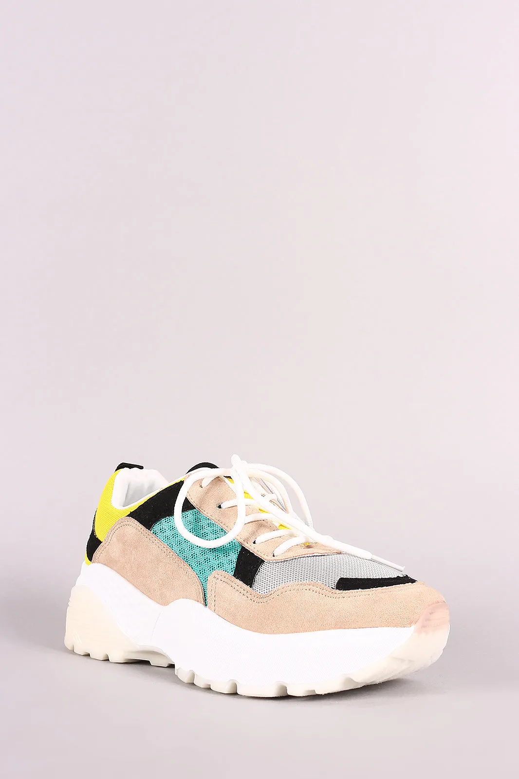 Qupid Colorblock Mesh Suede Trim Lug Sole Platform Sneaker