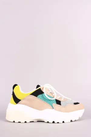 Qupid Colorblock Mesh Suede Trim Lug Sole Platform Sneaker