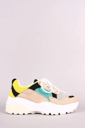 Qupid Colorblock Mesh Suede Trim Lug Sole Platform Sneaker