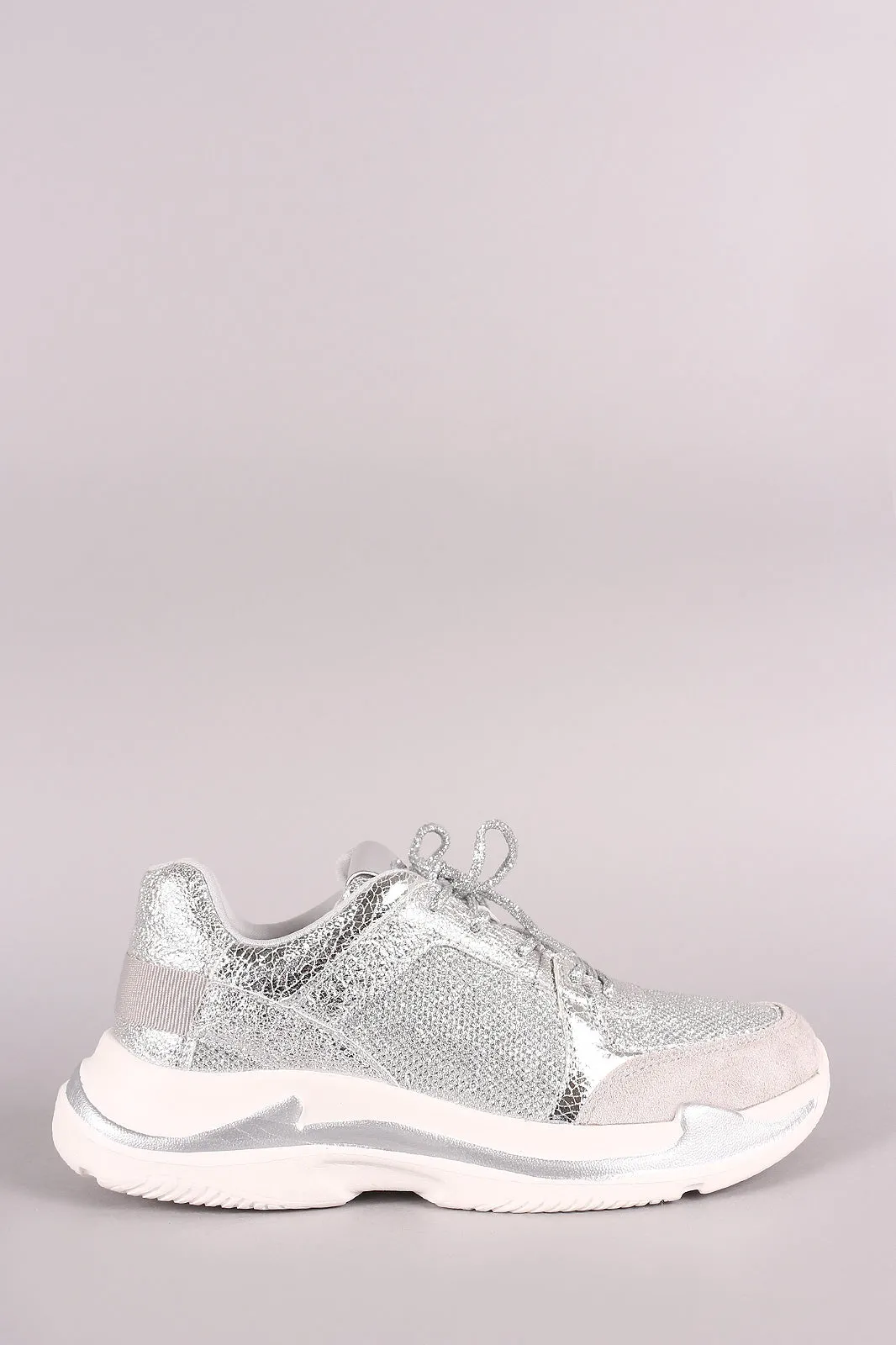 Qupid Glitter Mesh Trim Lace Up Sneaker