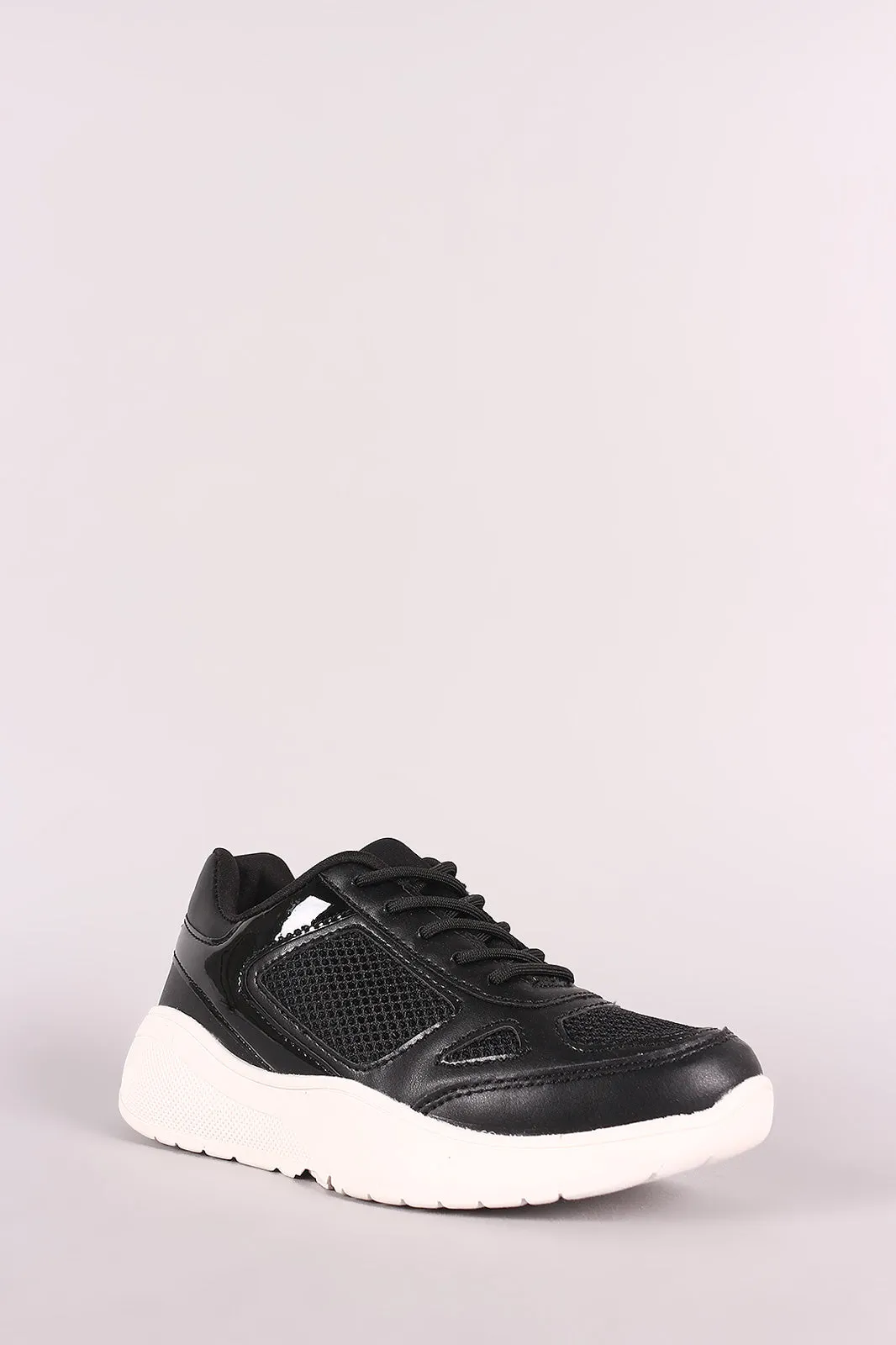 Qupid Mesh Trim Round Toe Lace-Up Sneaker