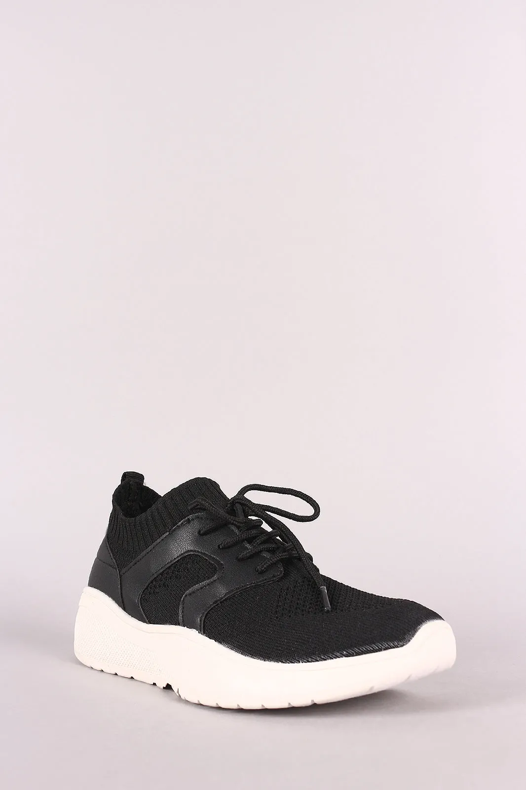 Qupid Stretchy Knit Round Toe Lace-Up Sneaker